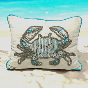 Celerie Kemble Coastal Crab Pillow Seed Beaded Beach House Nautical Crustacean